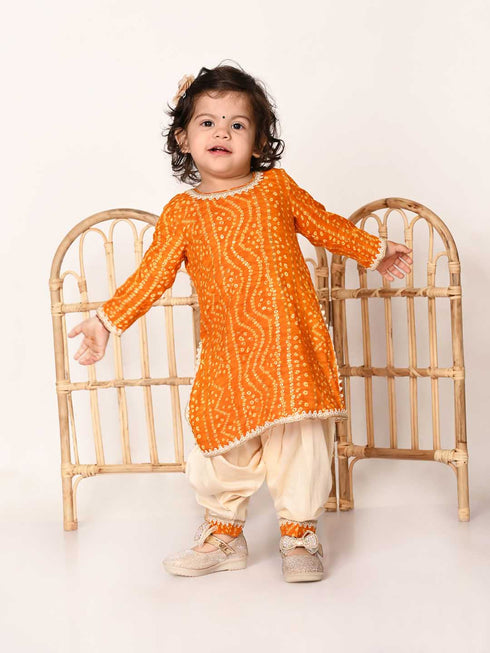Girl's Yellow Bandhni Print Kurta And Patiala Set